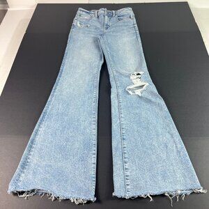 American Eagle Jean Women 25x30* Super High Rise Flare Blue Stretch Denim Tag 2R